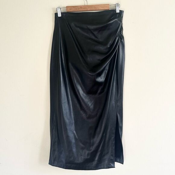 Industry Republic Black Faux Leather Ruched Side Midi Skirt 6 - Picture 3 of 4